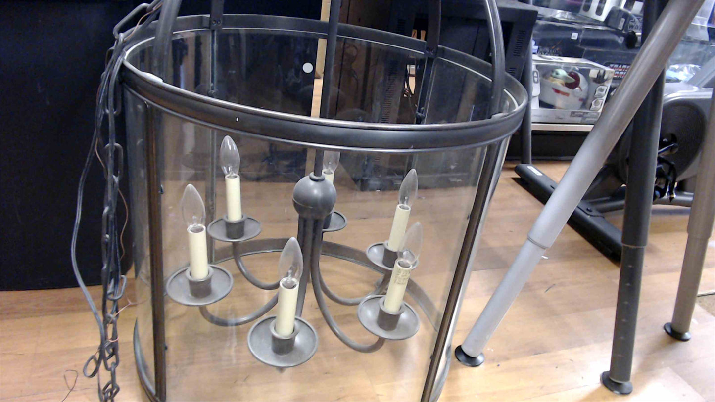 Large 6-Light Drum Chandelier / Foyer Lantern – Clear Glass & Brushed Pewter Finish (Tested & Working)
