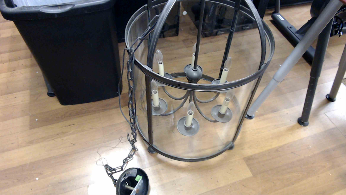 Large 6-Light Drum Chandelier / Foyer Lantern – Clear Glass & Brushed Pewter Finish (Tested & Working)