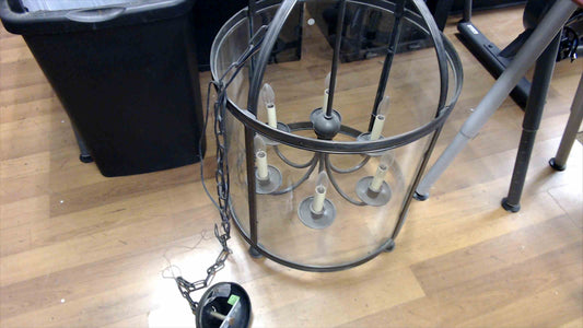 Large 6-Light Drum Chandelier / Foyer Lantern – Clear Glass & Brushed Pewter Finish (Tested & Working)