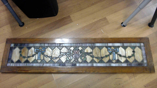 Vintage Leaded Stained-Glass Transom Window Panel w/ Urn & Ribbon Motif – Wood Frame (57" x 14")