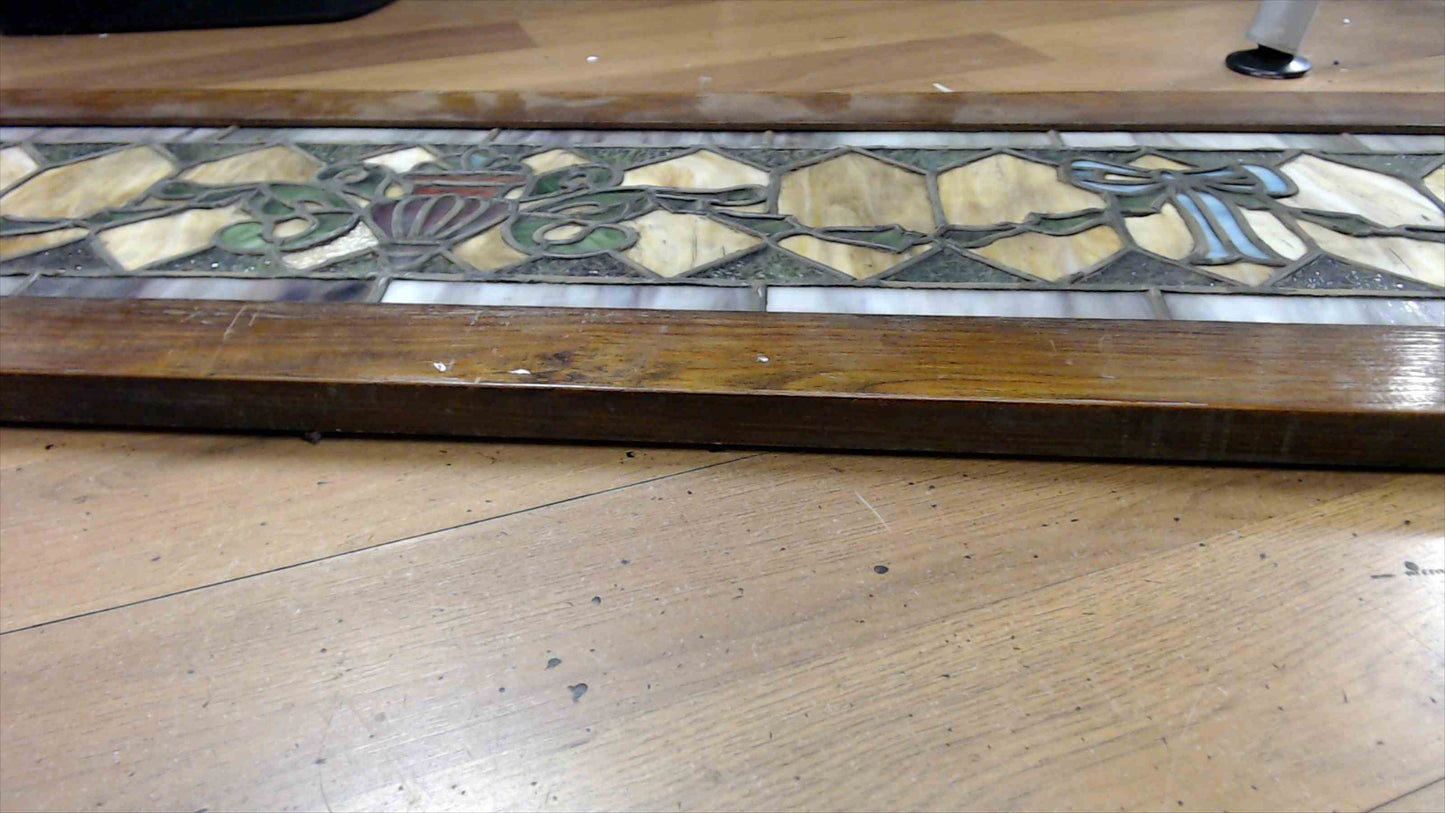 Vintage Leaded Stained-Glass Transom Window Panel w/ Urn & Ribbon Motif – Wood Frame (57" x 14")