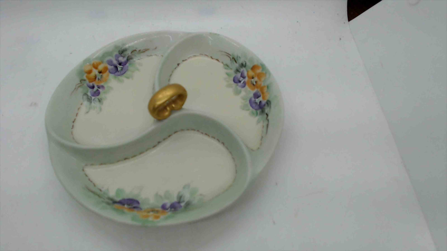 Vintage Hand-Painted Porcelain Relish Tray & Reticulated Candy Bowl – Floral Pansies, Signed F. Oenning (1942)