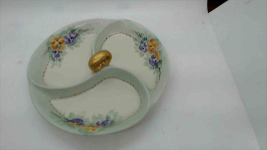 Vintage Hand-Painted Porcelain Relish Tray & Reticulated Candy Bowl – Floral Pansies, Signed F. Oenning (1942)