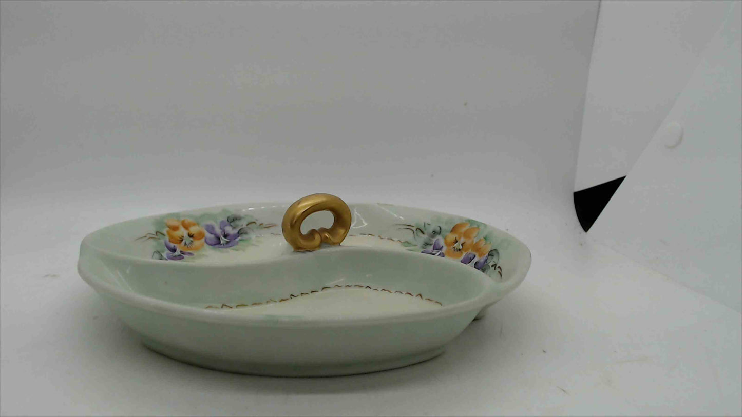 Vintage Hand-Painted Porcelain Relish Tray & Reticulated Candy Bowl – Floral Pansies, Signed F. Oenning (1942)