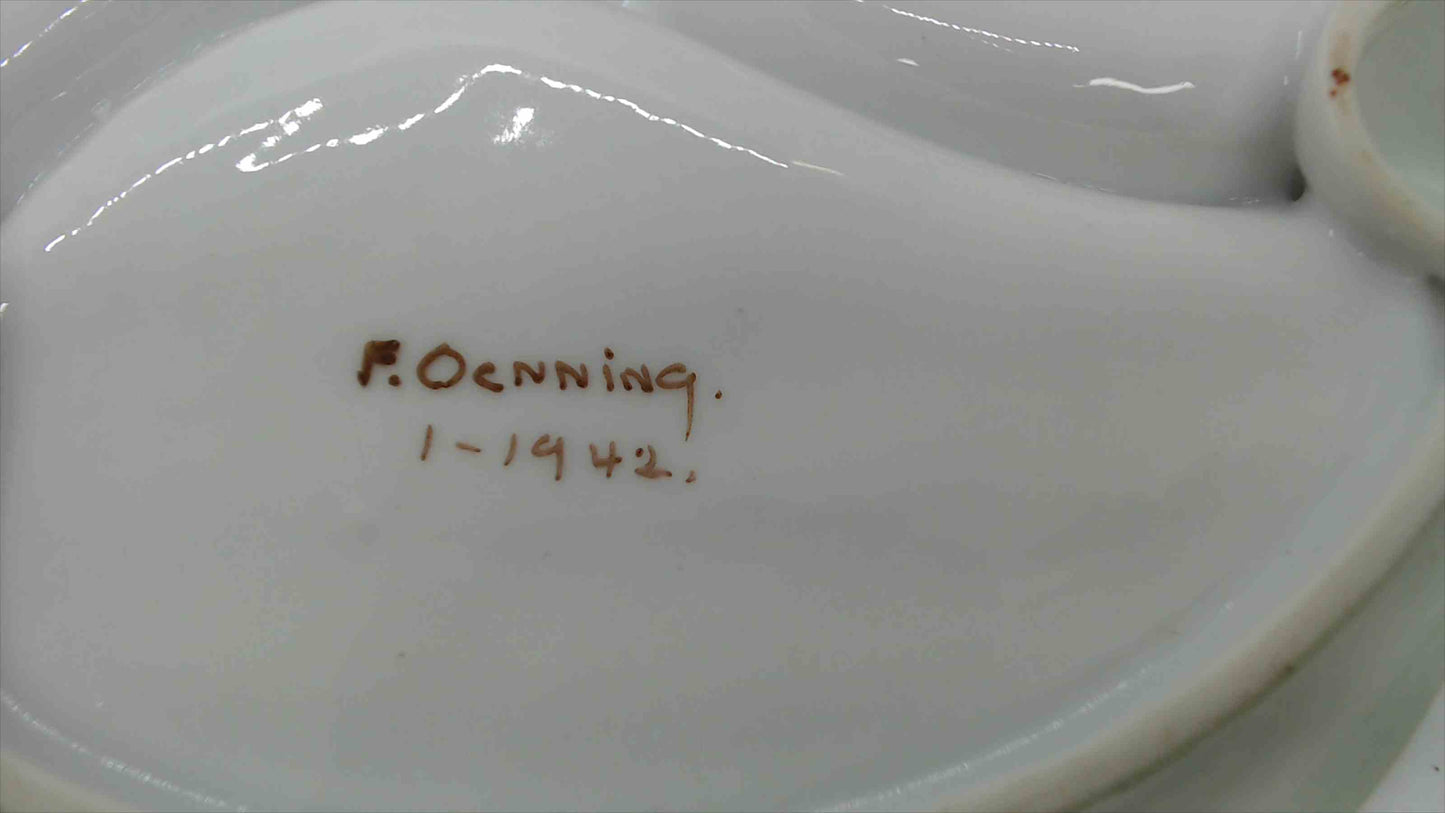 Vintage Hand-Painted Porcelain Relish Tray & Reticulated Candy Bowl – Floral Pansies, Signed F. Oenning (1942)