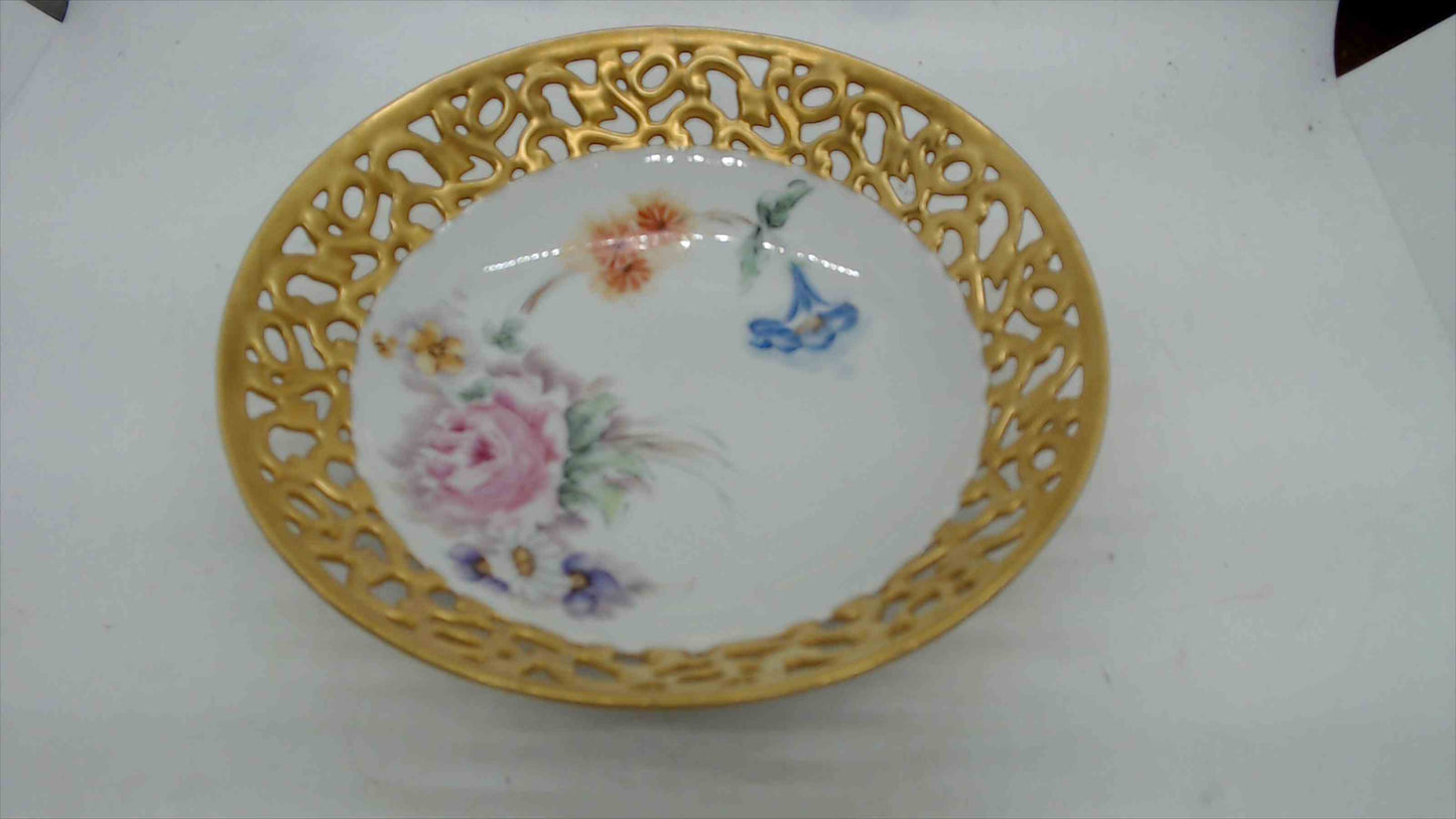 Vintage Hand-Painted Porcelain Relish Tray & Reticulated Candy Bowl – Floral Pansies, Signed F. Oenning (1942)