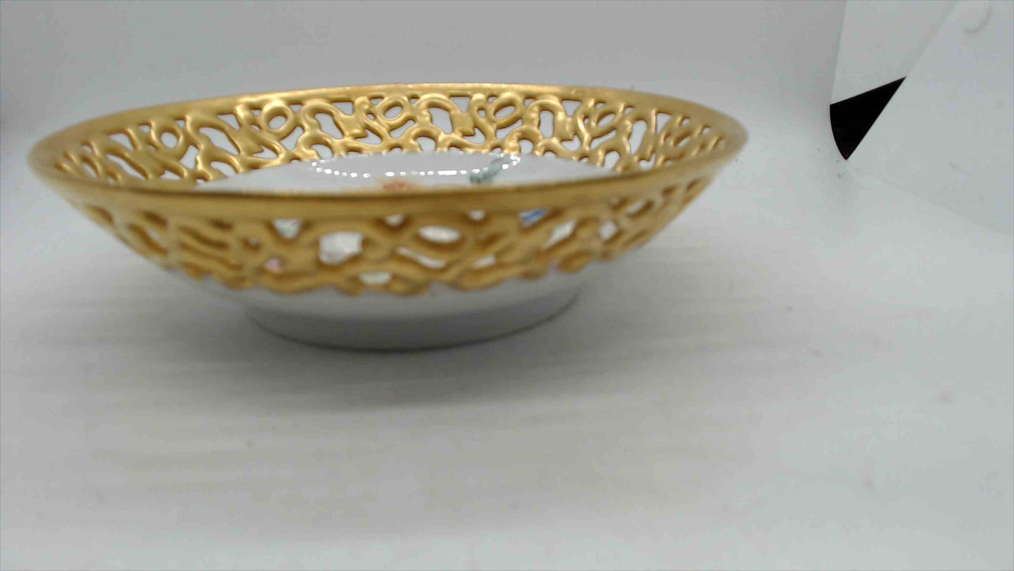 Vintage Hand-Painted Porcelain Relish Tray & Reticulated Candy Bowl – Floral Pansies, Signed F. Oenning (1942)