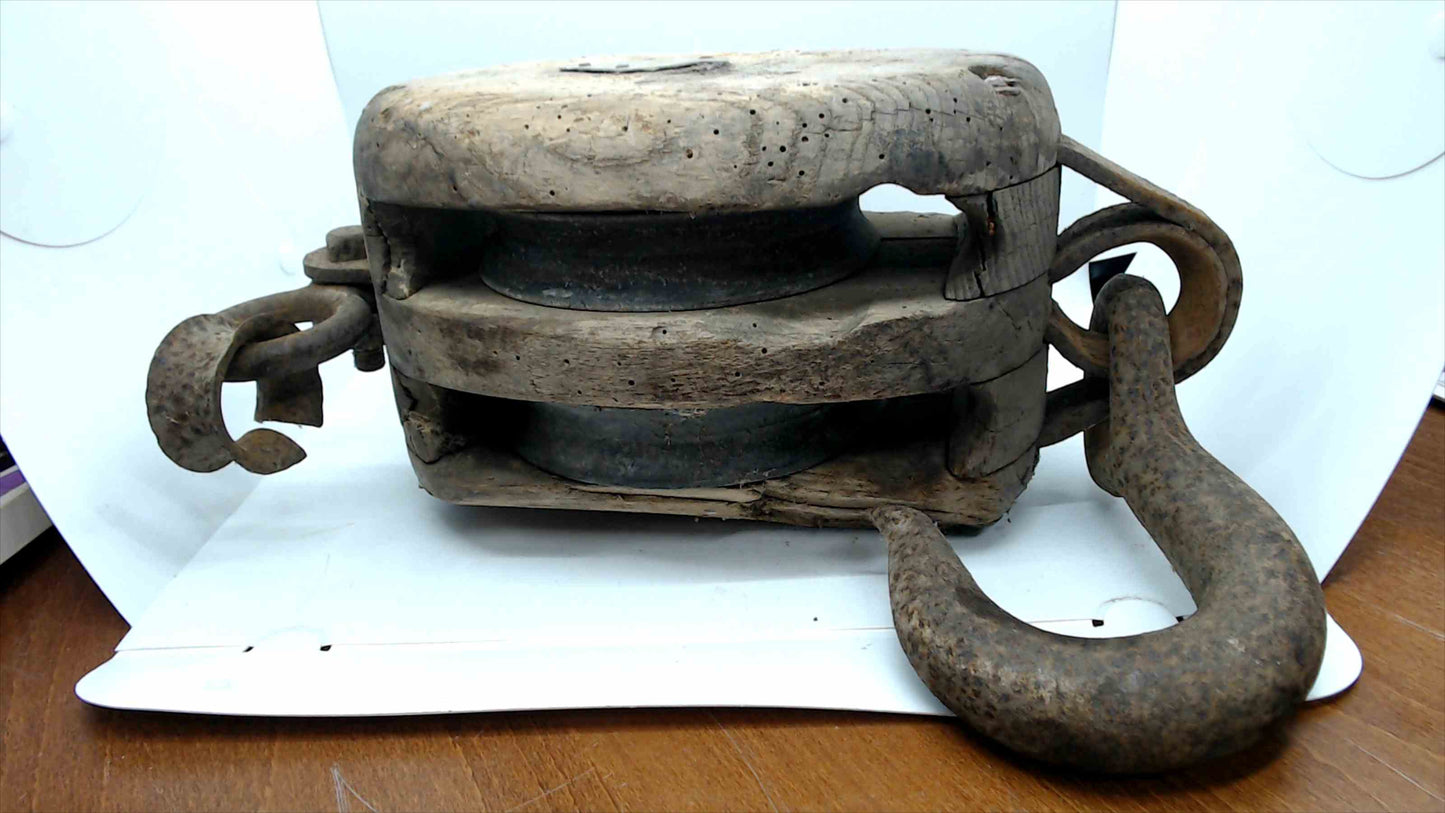 Antique Wooden Double-Sheave Block & Tackle Pulley w/ Large Forged Iron Hook – Rustic Nautical Decor