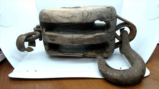 Antique Wooden Double-Sheave Block & Tackle Pulley w/ Large Forged Iron Hook – Rustic Nautical Decor