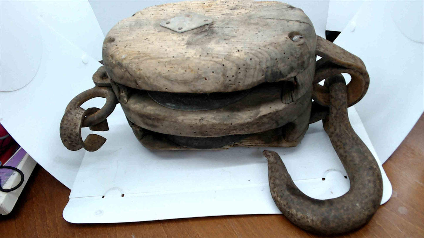 Antique Wooden Double-Sheave Block & Tackle Pulley w/ Large Forged Iron Hook – Rustic Nautical Decor