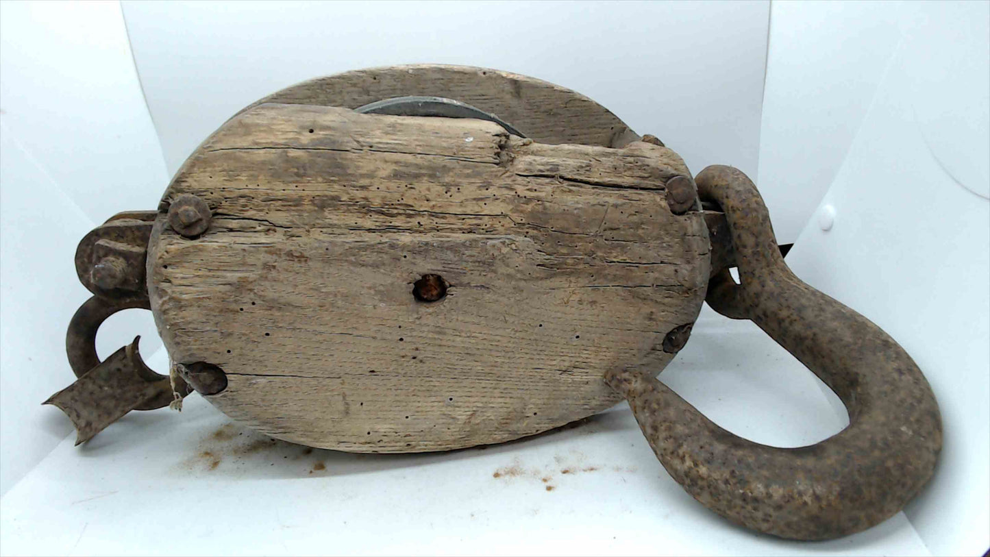 Antique Wooden Double-Sheave Block & Tackle Pulley w/ Large Forged Iron Hook – Rustic Nautical Decor