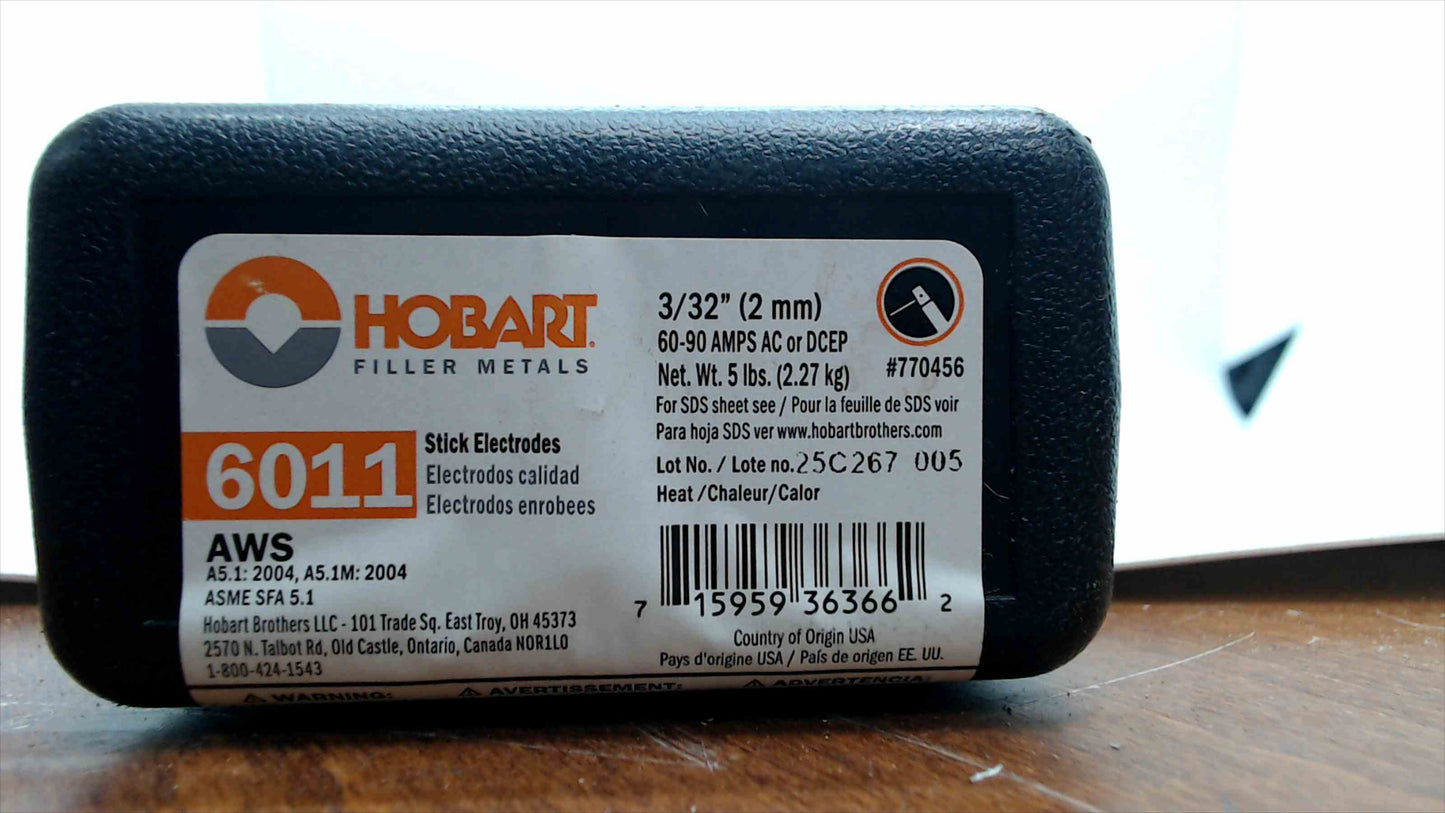 Hobart 6011 Stick Welding Electrodes – 3/32" (2 mm), 5 lb Tube – AC/DCEP – Made in USA (Open Box)