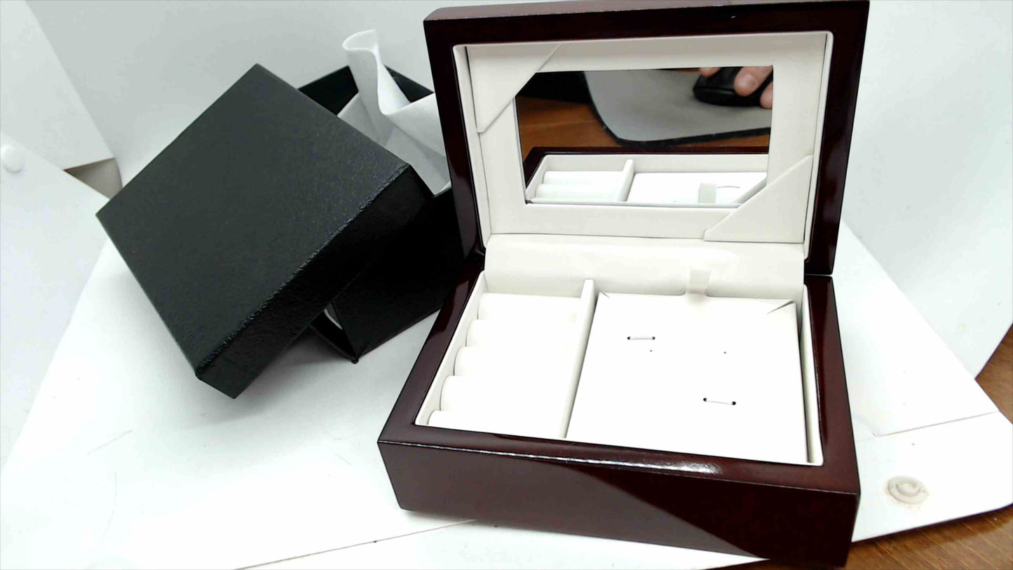 Glossy Wood Jewelry Box w/ Mirror – Ring Rolls & Compartments – Like New