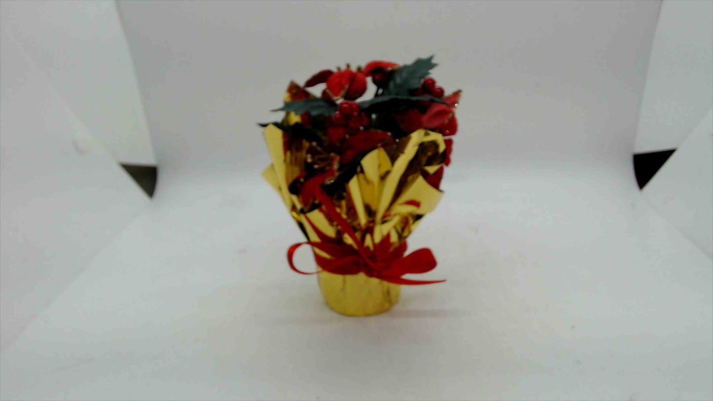 Mini Poinsettia & Holly Holiday Arrangement in Gold Foil Pot – 5.5" Tall