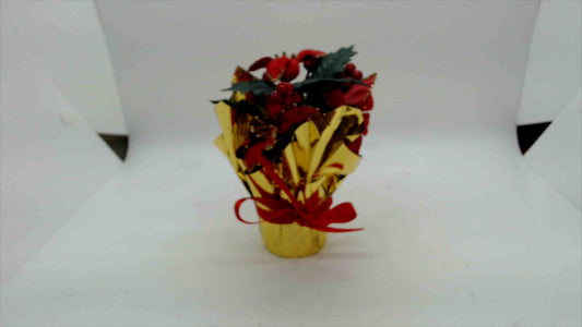 Mini Poinsettia & Holly Holiday Arrangement in Gold Foil Pot – 5.5" Tall