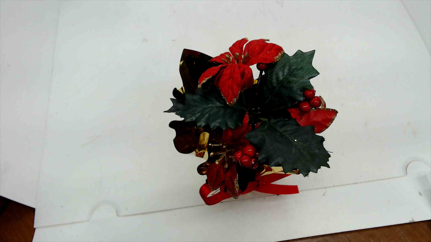 Mini Poinsettia & Holly Holiday Arrangement in Gold Foil Pot – 5.5" Tall