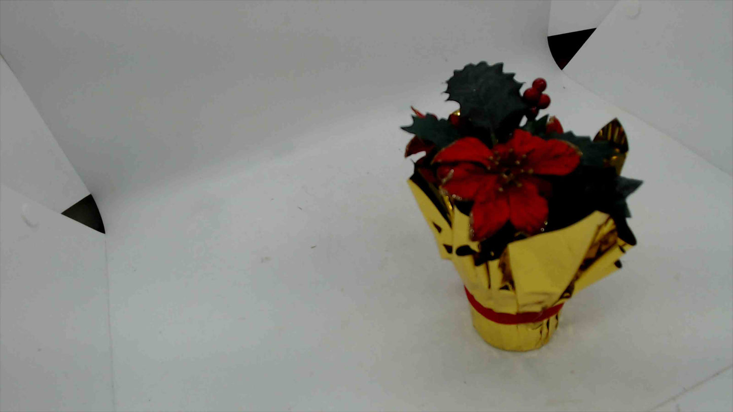 Mini Poinsettia & Holly Holiday Arrangement in Gold Foil Pot – 5.5" Tall