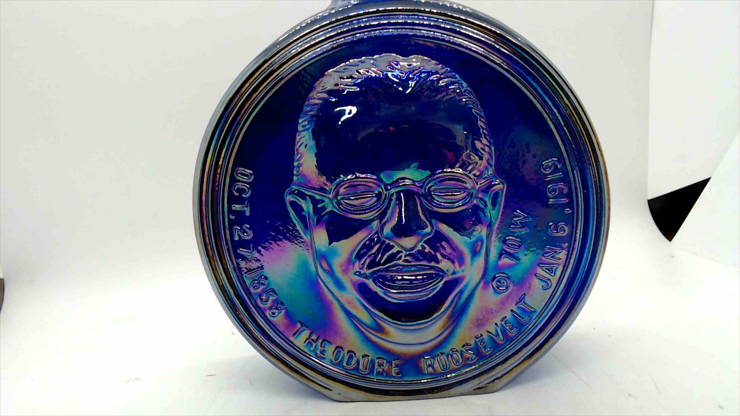 Wheaton “Theodore Roosevelt” First Edition Iridescent Cobalt Glass Bottle