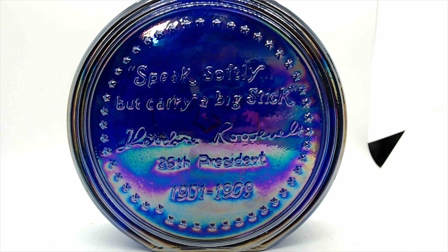 Wheaton “Theodore Roosevelt” First Edition Iridescent Cobalt Glass Bottle