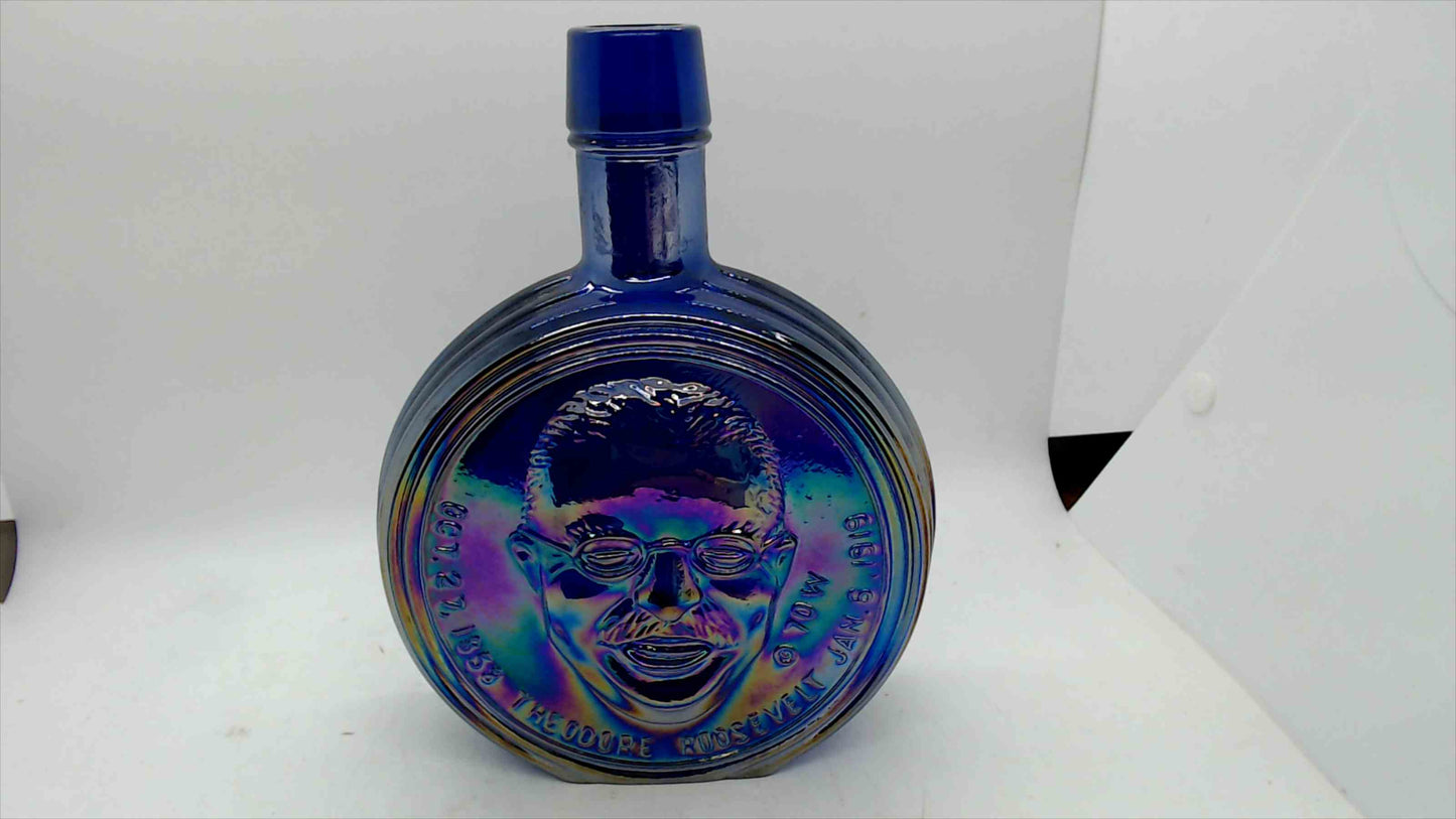 Wheaton “Theodore Roosevelt” First Edition Iridescent Cobalt Glass Bottle