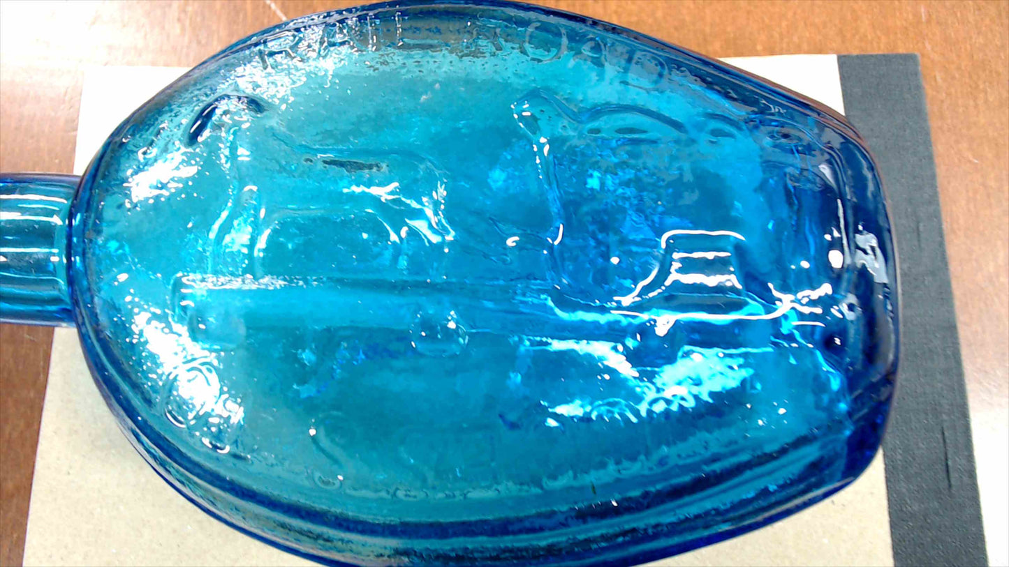Vintage Aqua-Blue Glass Flask – “Success to the Railroad” Embossed Bottle, 7.25"