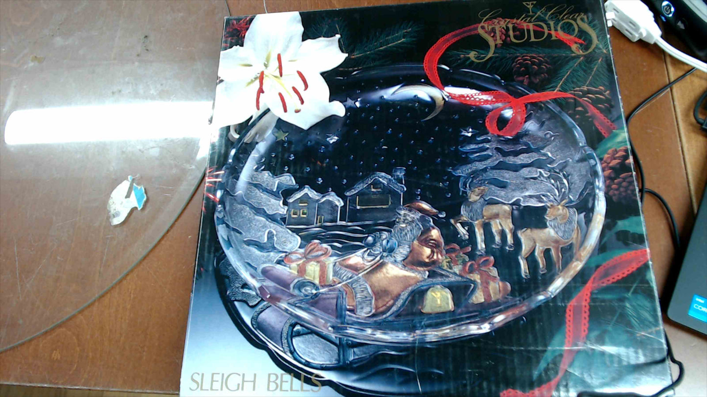 1989 Crystal Clear Studios “Sleigh Bells” Hand-Painted Glass Platter – 14"