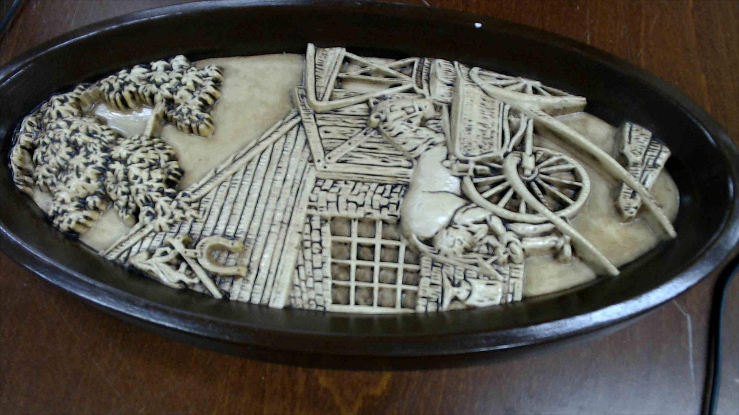 Vintage Country Farm Relief Wall Plaque – Oval (Wagon Scene)