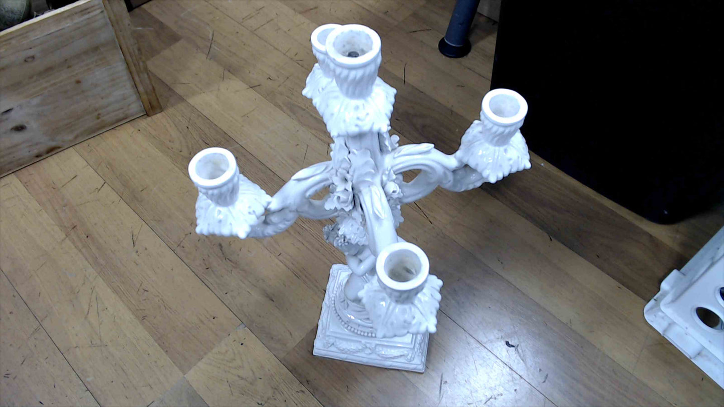 Large White Porcelain 5-Light Figural Candelabra – 19” Tall, Rococo Floral Arms
