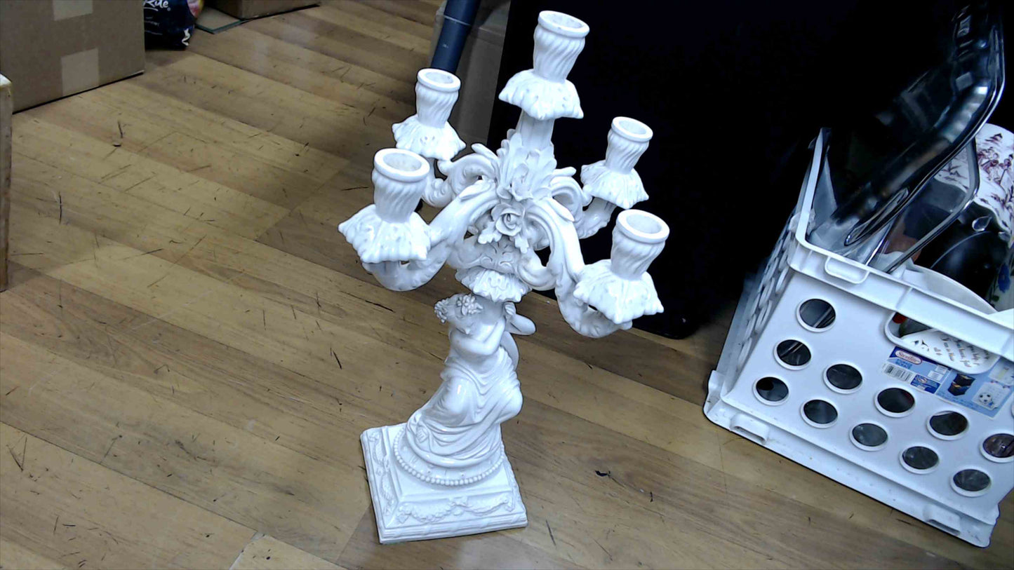 Large White Porcelain 5-Light Figural Candelabra – 19” Tall, Rococo Floral Arms