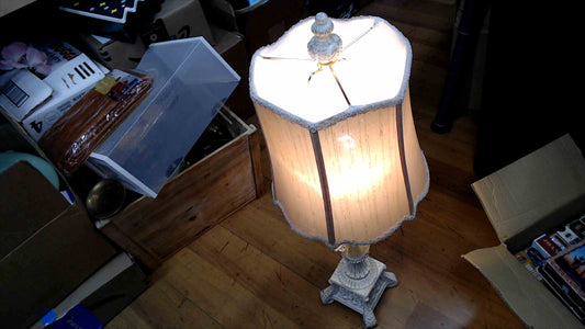 Vintage Ivory Ornate Table Lamp w/ Scalloped Fabric Shade & Finial – Tested & Working