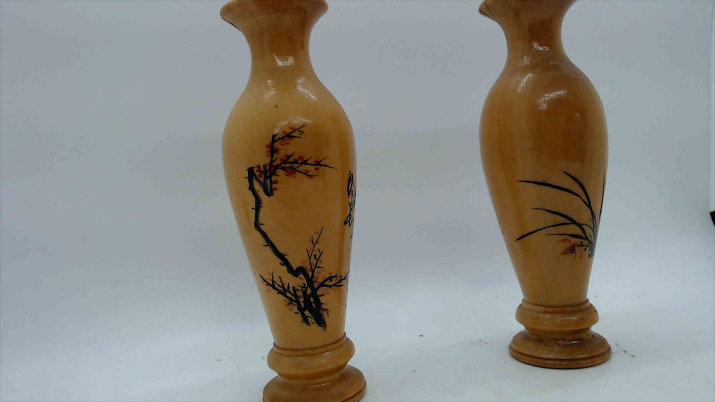 Vintage Hand-Painted Wooden Bud Vases (Set of 2) – Asian Calligraphy, Plum Blossom & Orchid – 5"