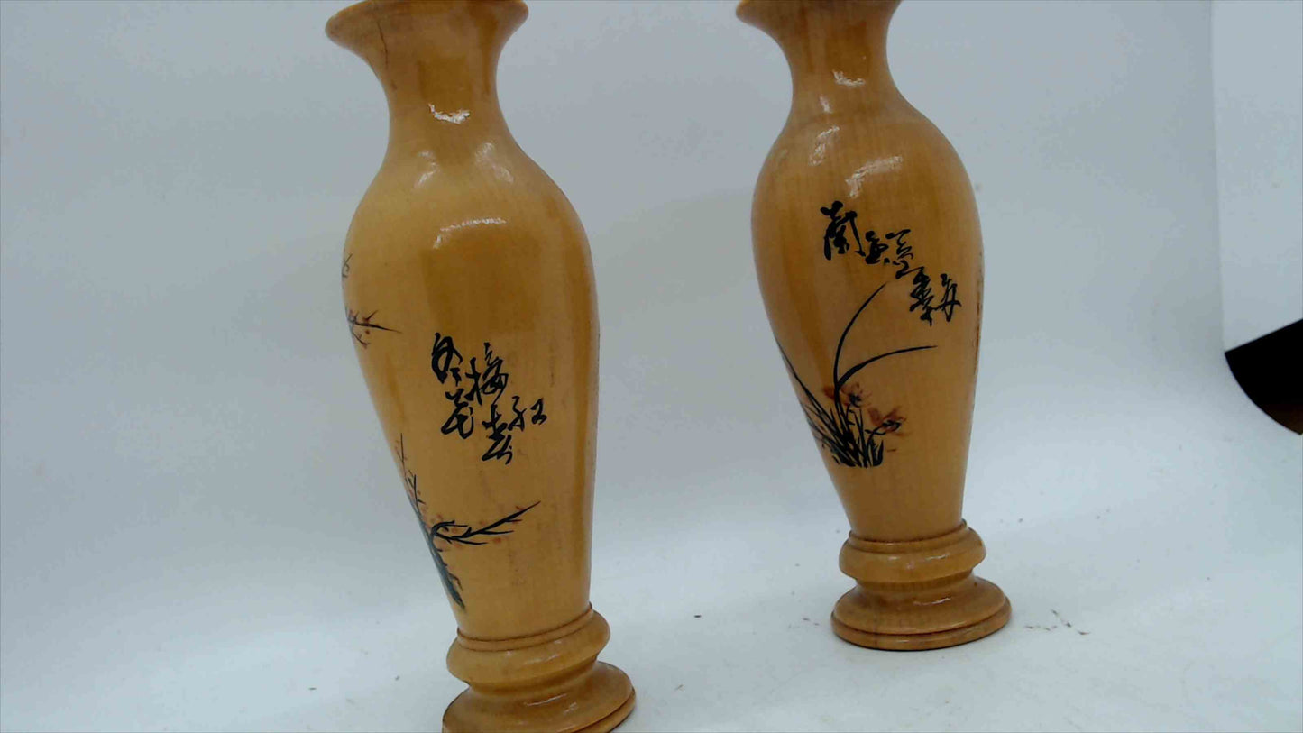 Vintage Hand-Painted Wooden Bud Vases (Set of 2) – Asian Calligraphy, Plum Blossom & Orchid – 5"
