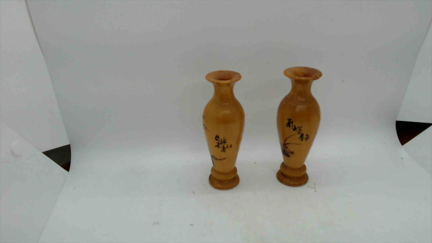 Vintage Hand-Painted Wooden Bud Vases (Set of 2) – Asian Calligraphy, Plum Blossom & Orchid – 5"