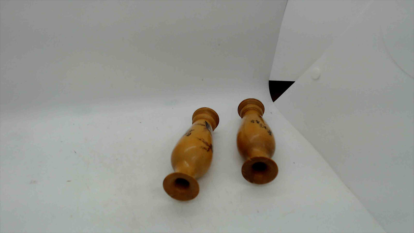 Vintage Hand-Painted Wooden Bud Vases (Set of 2) – Asian Calligraphy, Plum Blossom & Orchid – 5"