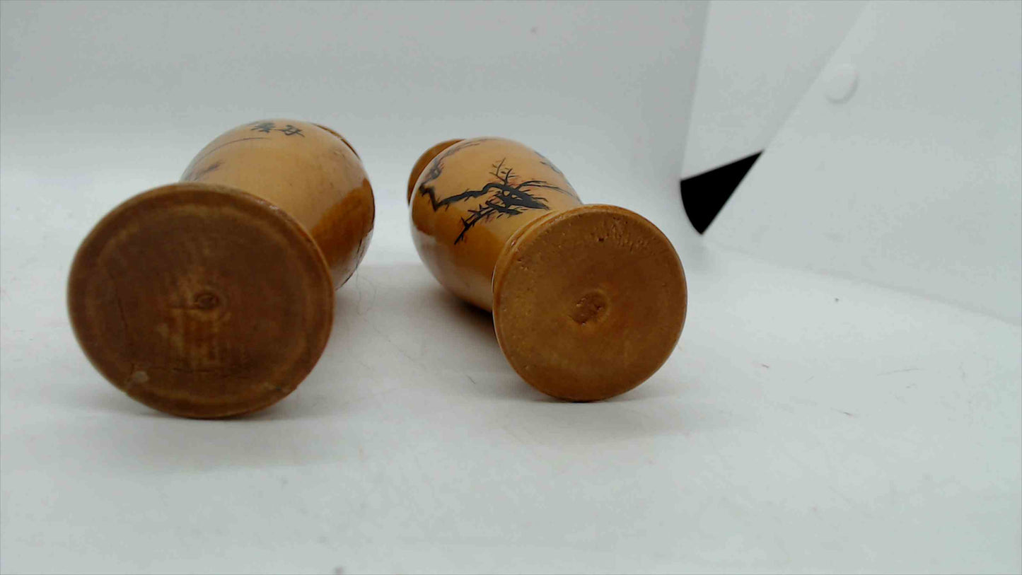 Vintage Hand-Painted Wooden Bud Vases (Set of 2) – Asian Calligraphy, Plum Blossom & Orchid – 5"