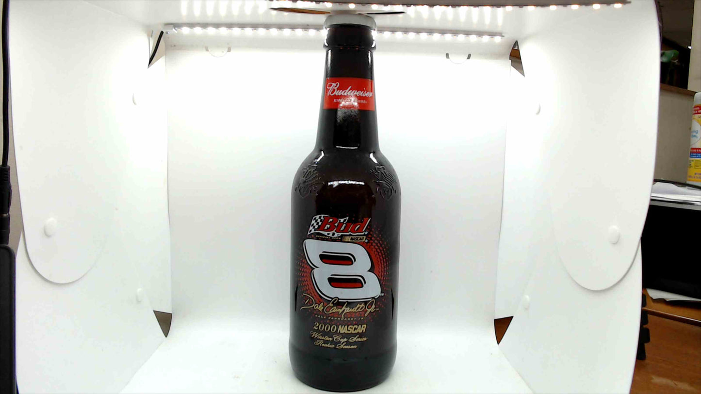 Budweiser Dale Earnhardt Jr. #8 – 2000 NASCAR Rookie Season Commemorative Glass Bottle, ~15" Display