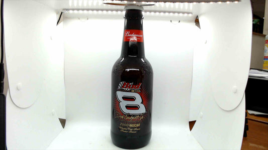 Budweiser Dale Earnhardt Jr. #8 – 2000 NASCAR Rookie Season Commemorative Glass Bottle, ~15" Display