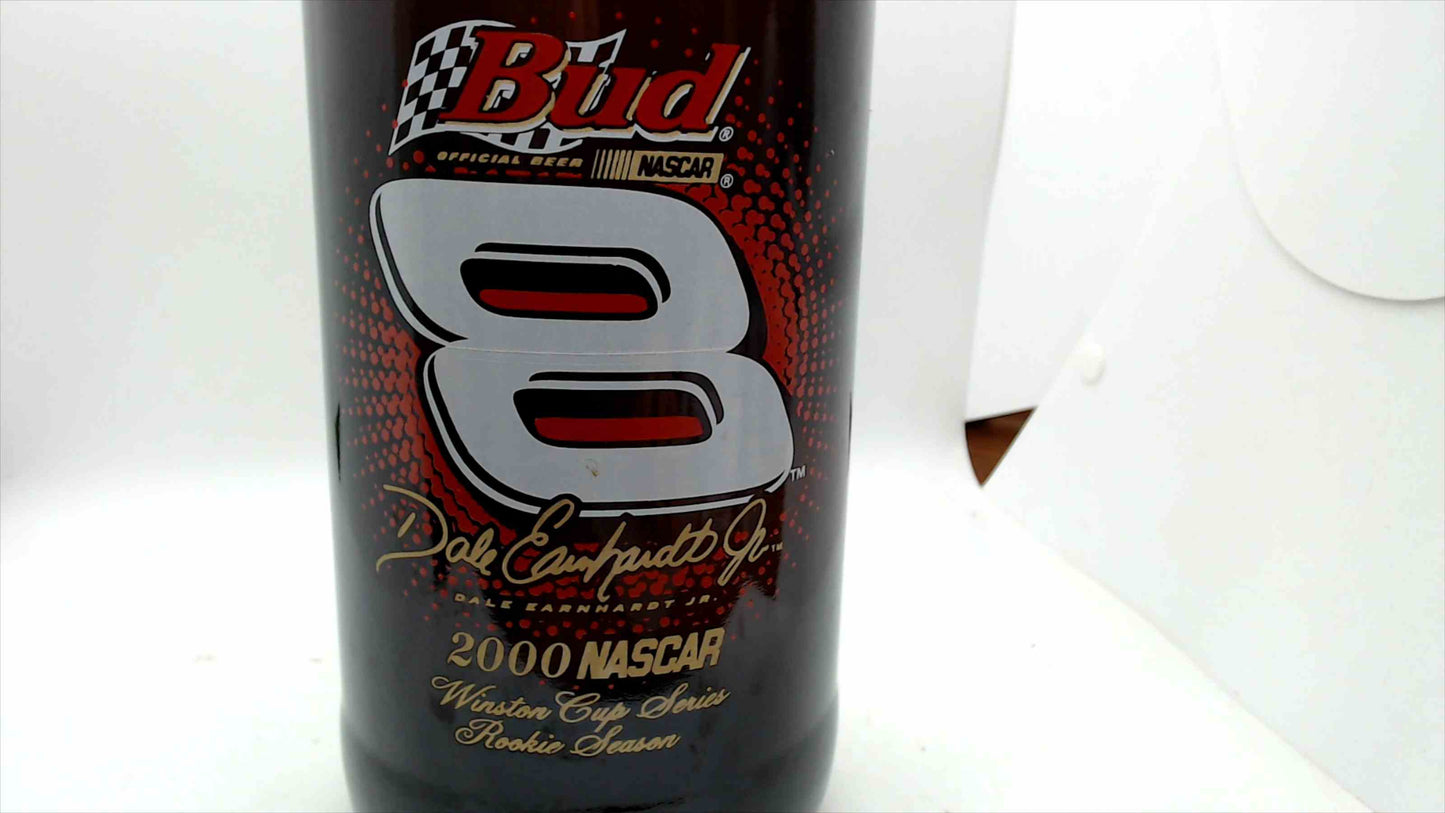 Budweiser Dale Earnhardt Jr. #8 – 2000 NASCAR Rookie Season Commemorative Glass Bottle, ~15" Display