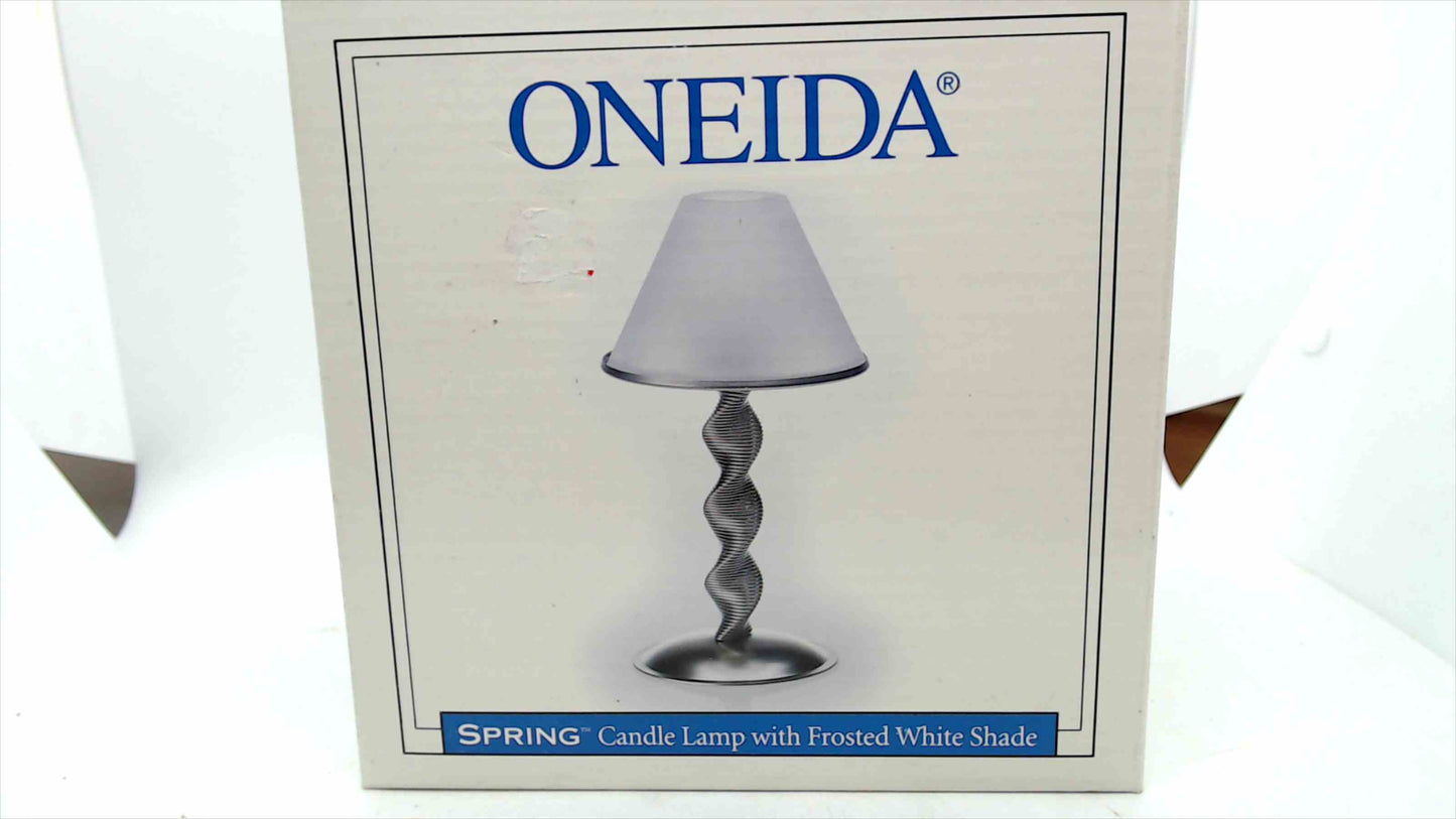 Oneida “Spring” Candle Lamp w/ Frosted White Shade – 9" Satin Nickel – New in Box