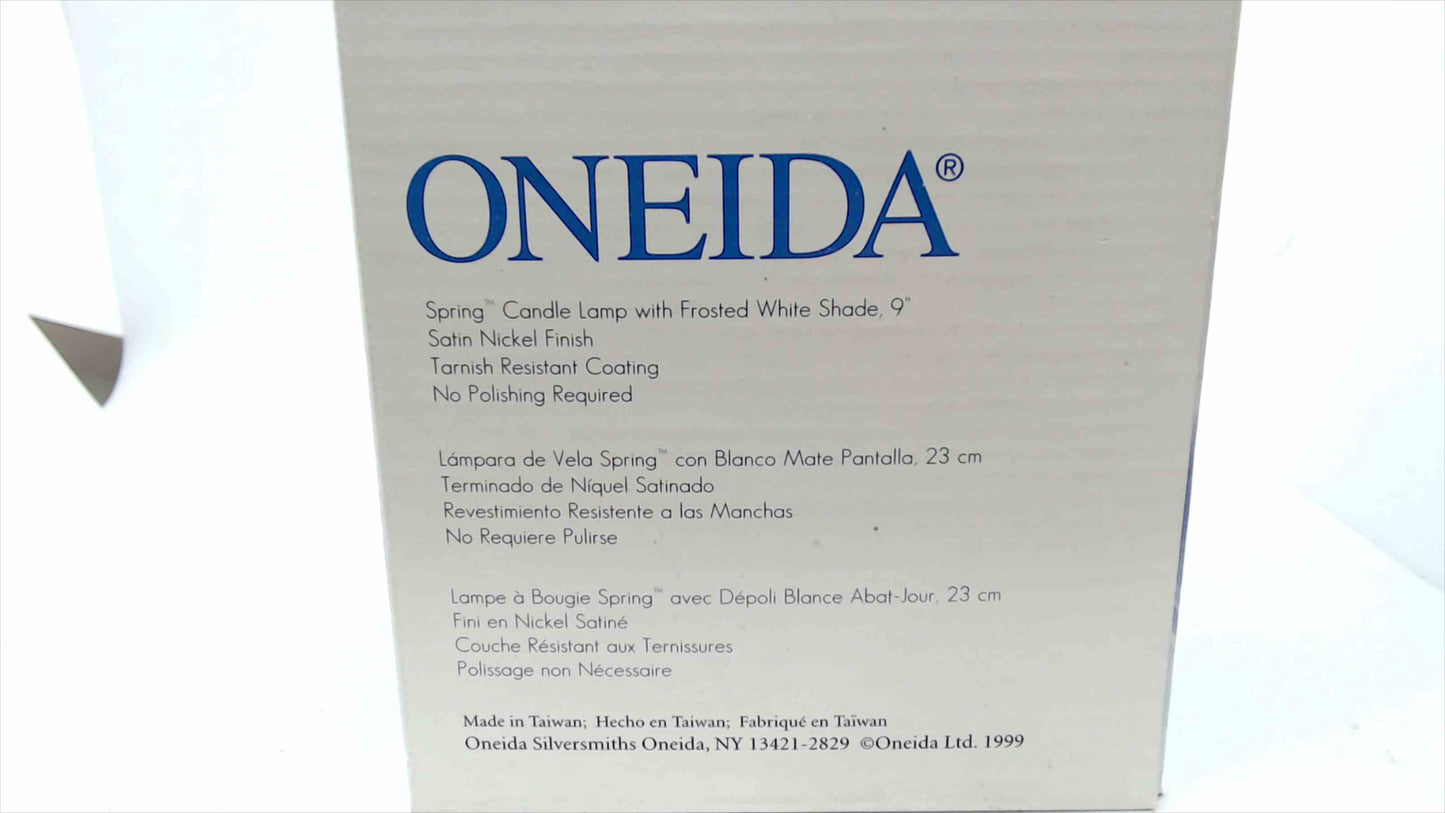 Oneida “Spring” Candle Lamp w/ Frosted White Shade – 9" Satin Nickel – New in Box