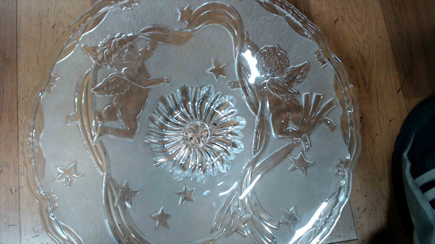Vintage Pressed Glass Footed Serving Bowl – Cherubs & Stars Design – 13" x 3" Centerpiece
