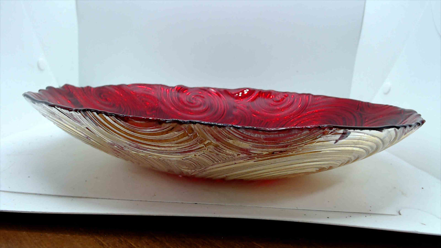 13" Red Swirl Textured Glass Centerpiece Bowl w/ Metallic Gold Back – 13" x 2.5"