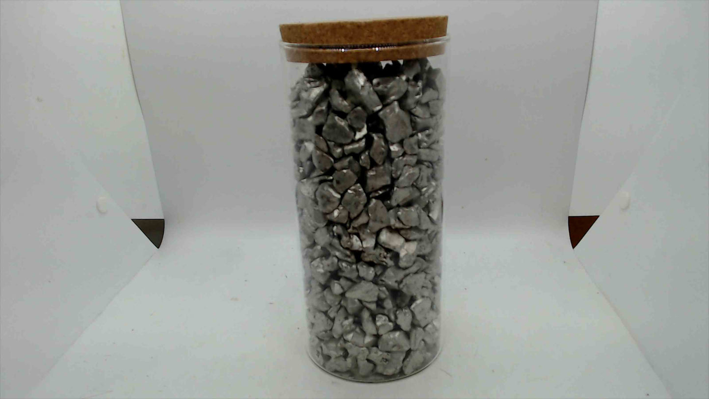 Decorative Silver Pebble Filler in Jar w/ Cork Lid – 9" x 4"
