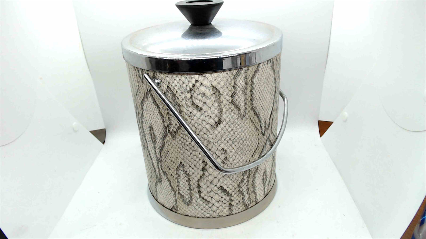 Vintage Faux Snakeskin Ice Bucket w/ Chrome Handle & Lid – 11" x 8"