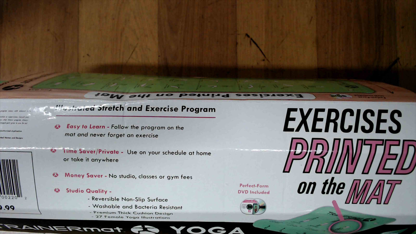 TRAINERmat Yoga Mat – “Exercises Printed on the Mat” w/ DVD, 72" x 24", 4mm, Green (New)