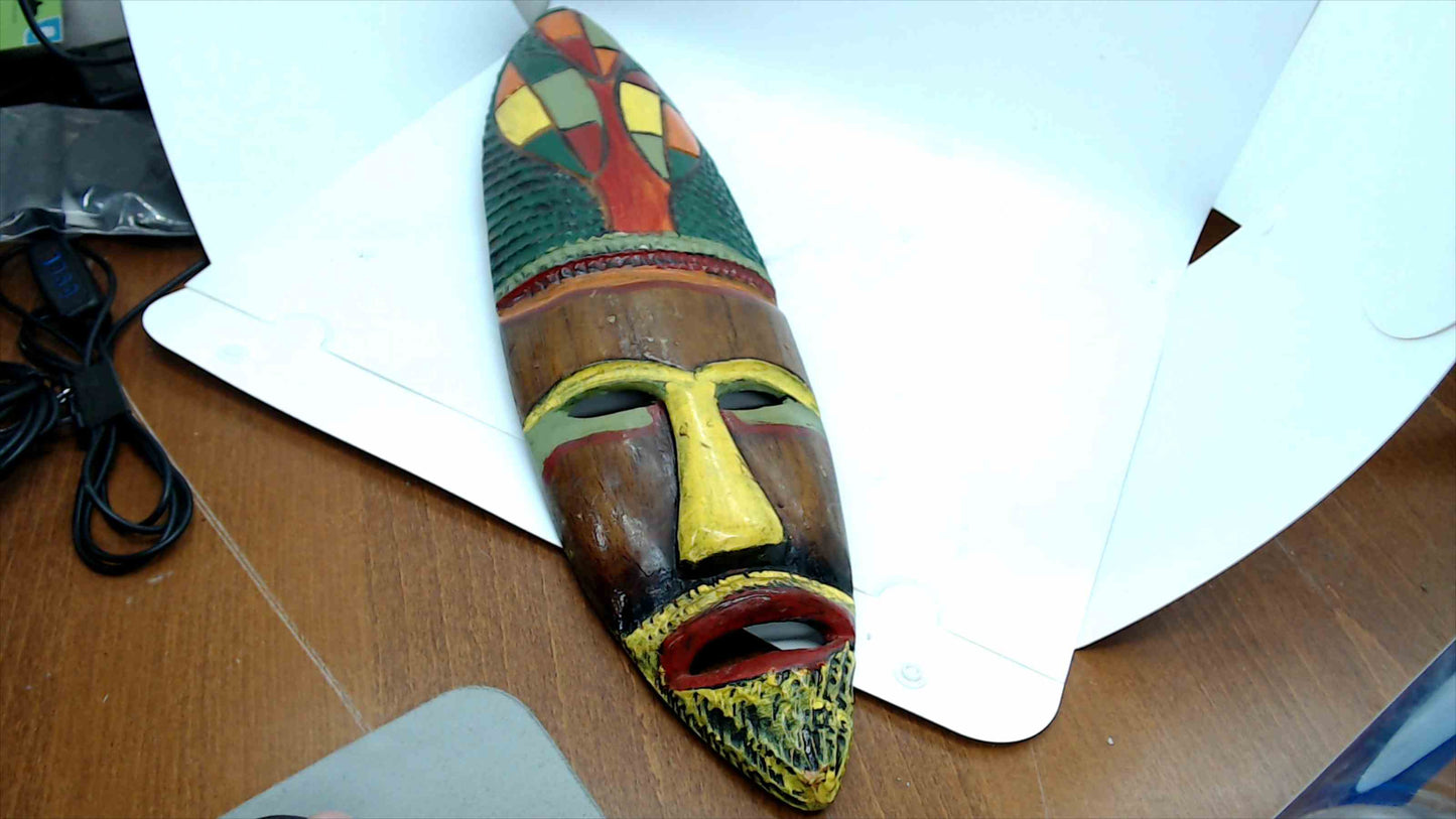 Hand-Carved Wooden Tribal Wall Mask – Colorful Folk Art, ~20" Long