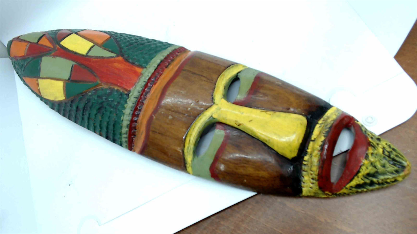 Hand-Carved Wooden Tribal Wall Mask – Colorful Folk Art, ~20" Long
