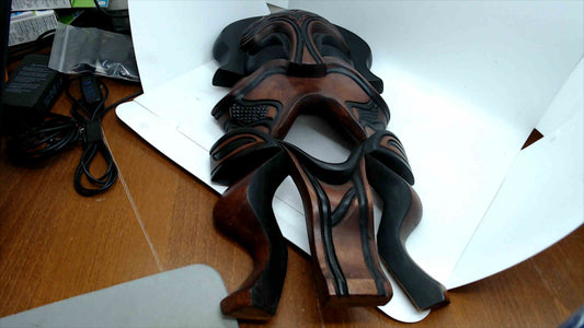 Hand-Carved Wooden Tribal Wall Mask – Sculptural Brown/Black, ~18" Tall, Ready to Hang