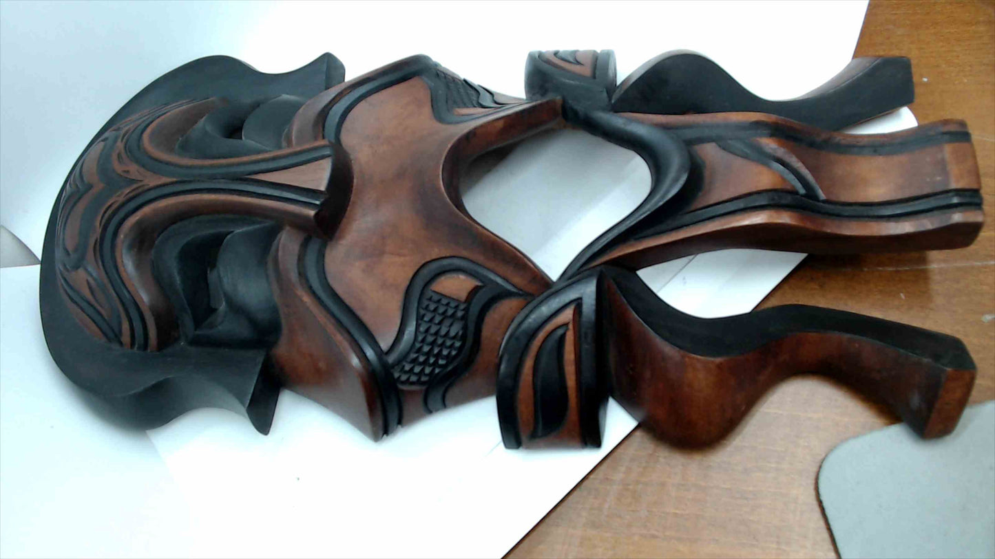 Hand-Carved Wooden Tribal Wall Mask – Sculptural Brown/Black, ~18" Tall, Ready to Hang