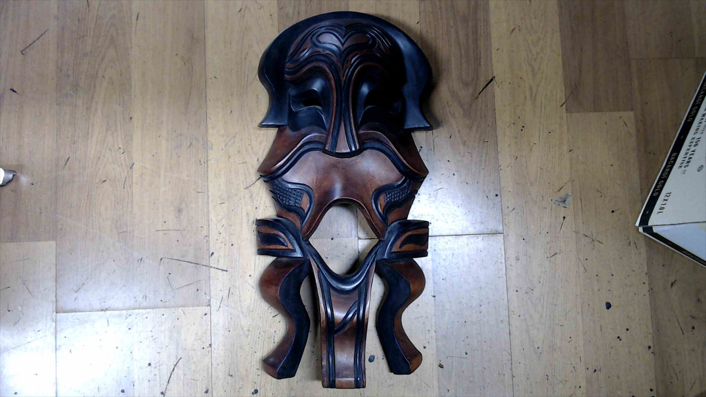 Hand-Carved Wooden Tribal Wall Mask – Sculptural Brown/Black, ~18" Tall, Ready to Hang